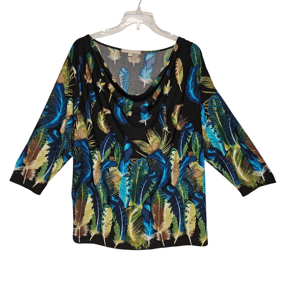 Complements Women's Blouse 3X Brown Blue Feather Cowl Boho Artsy Stretch Tunic